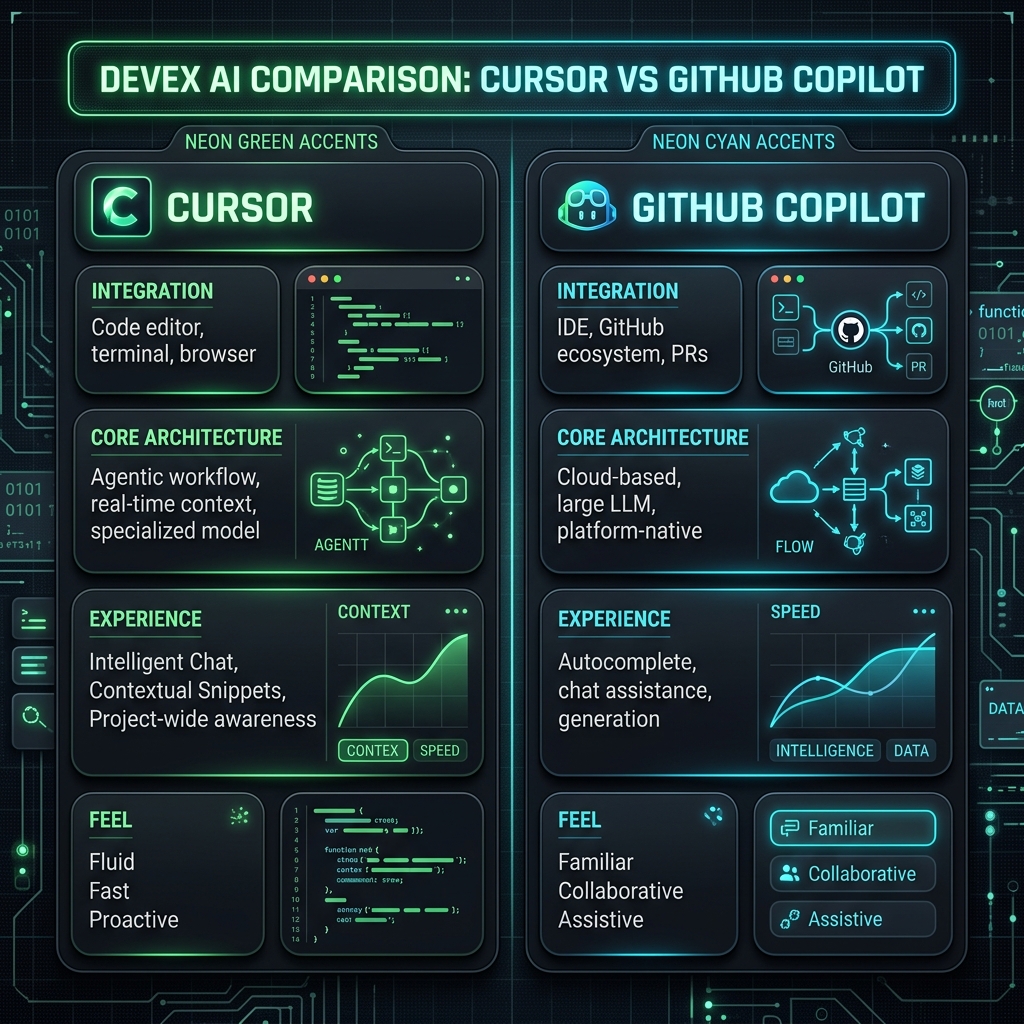 DevEx comparison of Cursor and Copilot architecture